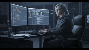 QA engineer reviewing AI-generated Playwright test output alongside a chat interface for AI in QA testing workflow