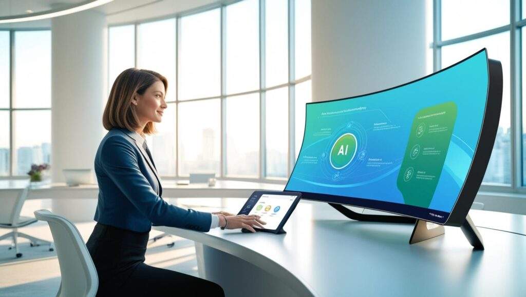 A modern, high-tech office where an employee is using AI-powered productivity tools