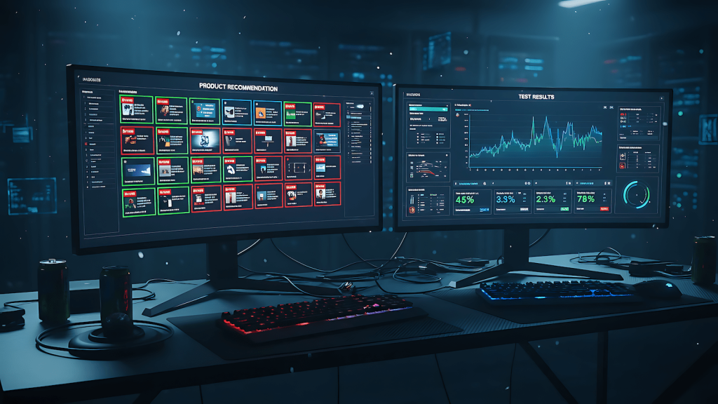 QA engineer reviewing AI recommendation engine test results on dual monitors