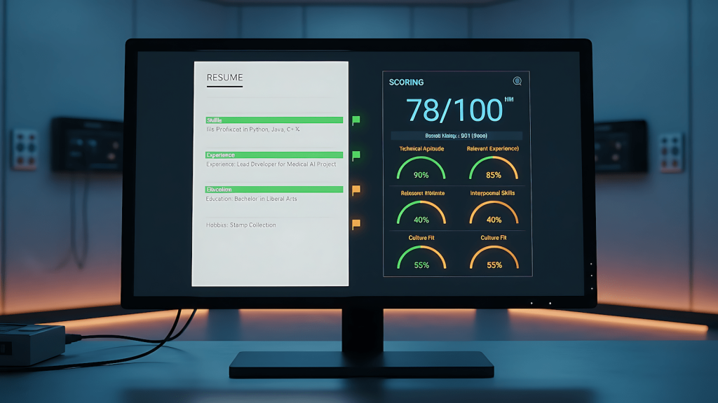 AI resume screener interface showing candidate scoring with highlighted sections and bias flags