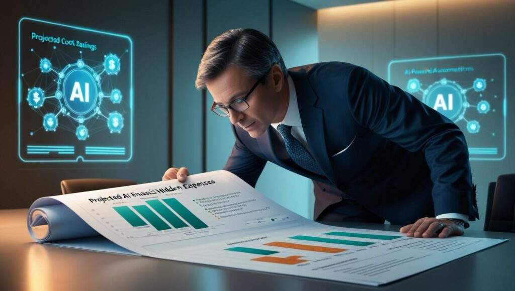 A business executive analyzing a financial report comparing AI cost savings versus hidden expenses, with AI-powered automation systems running in the background. The scene highlights the real vs. perceived financial impact of AI adoption.