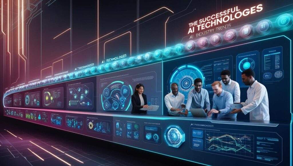 A futuristic digital timeline displaying the rise and fall of various AI technologies. The visualization highlights AI trends that have faded over time alongside AI innovations that have integrated into daily workflows. A data-driven interface with graphs and analytics represents the evolution of AI adoption.