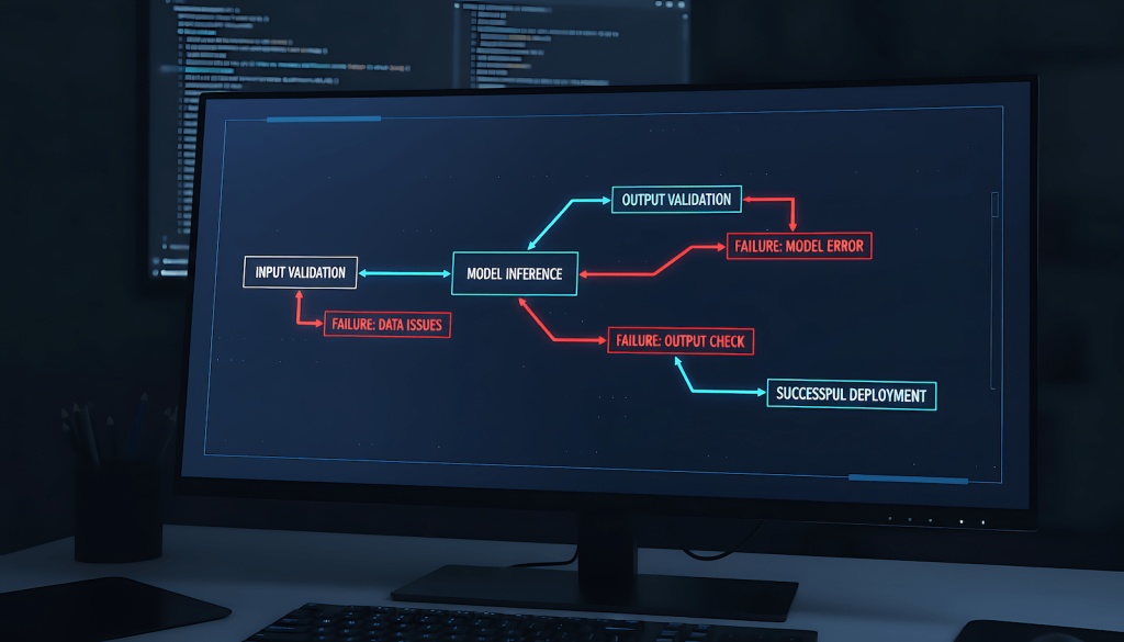 AI pipeline architecture diagram showing input validation, inference, output validation, and failure state branches