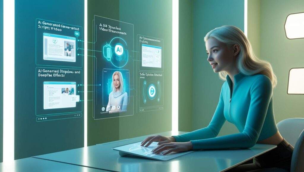 "A female content creator working in a high-tech studio, using AI-powered tools for video editing, deepfake technology, and personalized media content."