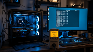 GPU inside workstation with power meter showing wattage during AI inference