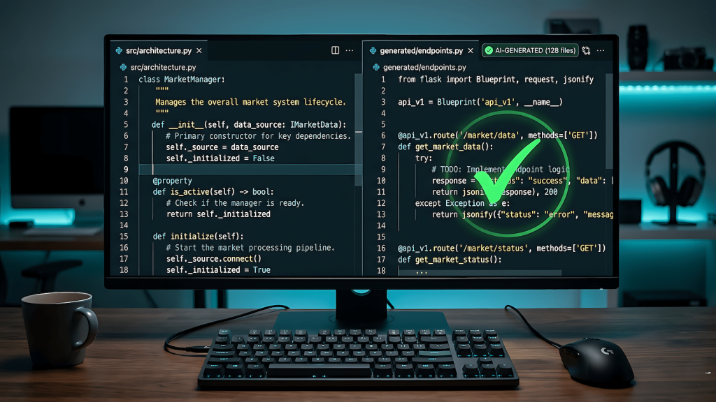 Split code editor showing human-authored architecture code alongside AI-generated boilerplate with approval indicator