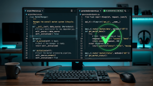 Split code editor showing human-authored architecture code alongside AI-generated boilerplate with approval indicator