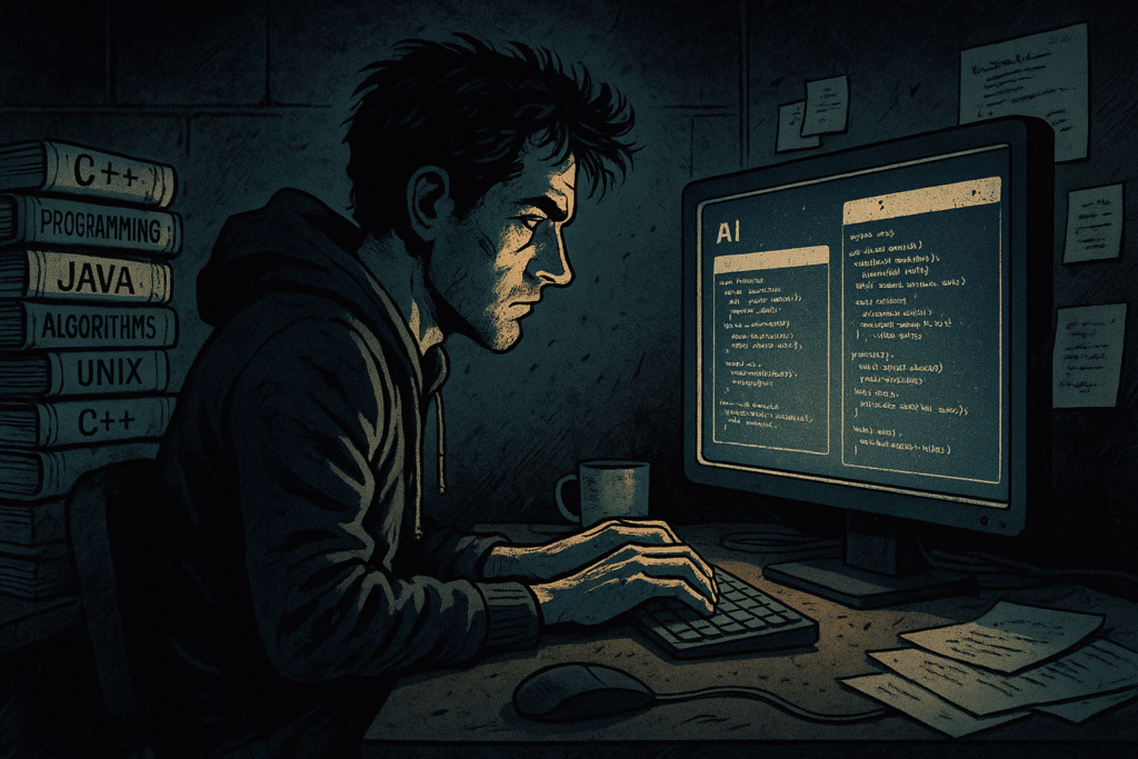 A developer caught between old-school programming books and AI-generated code, reflecting the contrast between discipline and dependency.