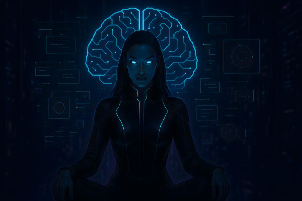 Futuristic woman with glowing eyes and digital brain behind her, symbolizing AI clarity and control
