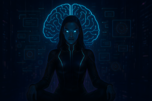 Futuristic woman with glowing eyes and digital brain behind her, symbolizing AI clarity and control