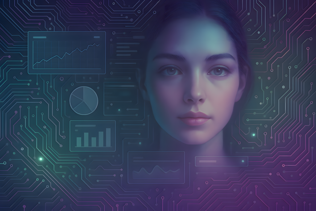 AI-generated face overlaid with circuit board graphics and futuristic UI elements, used to test image compression quality.
