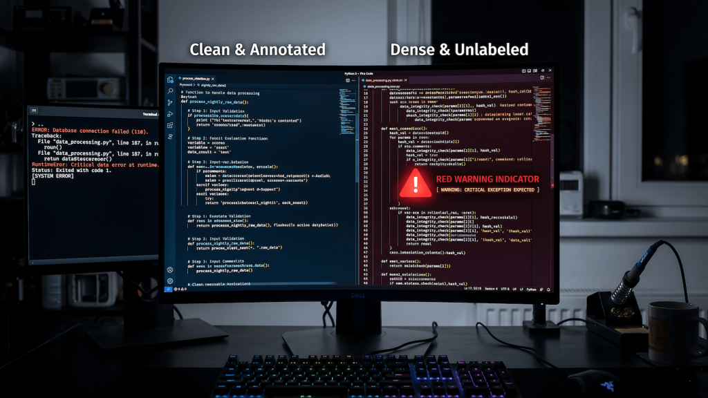 Code editor showing clean annotated section alongside dense AI-generated code with a production error in the terminal