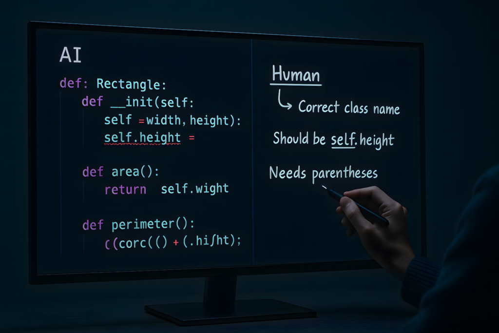 Human reviewing and debugging AI-generated content and code on a split-screen setup.