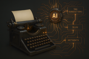 Mechanical typewriter fused with an AI logic core, outputting metadata like tags, slugs, and descriptions through visual pipelines.