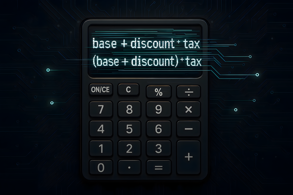 Futuristic calculator showing AI logic error from ungrouped math formula.