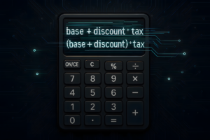 Futuristic calculator showing AI logic error from ungrouped math formula.