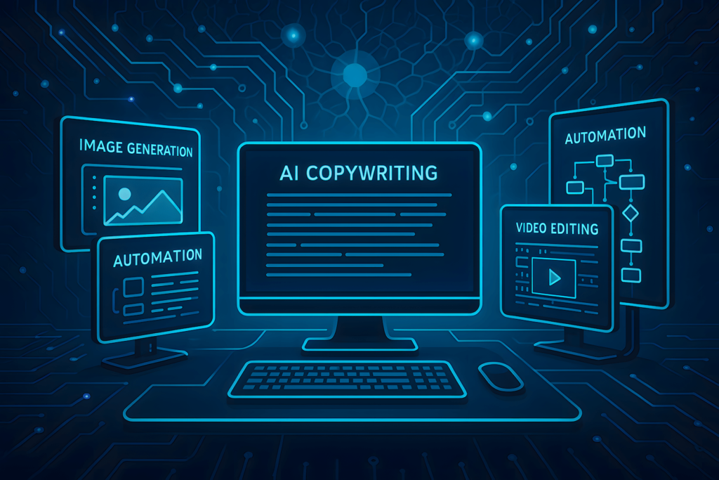 AI-powered digital workspace with multiple content tools displayed, layered over abstract circuits and tech-inspired textures