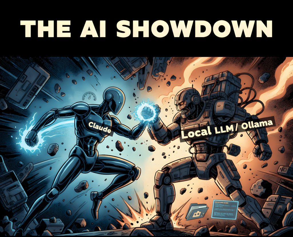 Comic-style illustration: Claude (sleek blue robot) versus Ollama/local LLM (rugged orange robot) battling — visual metaphor for cloud speed vs local persistent memory.