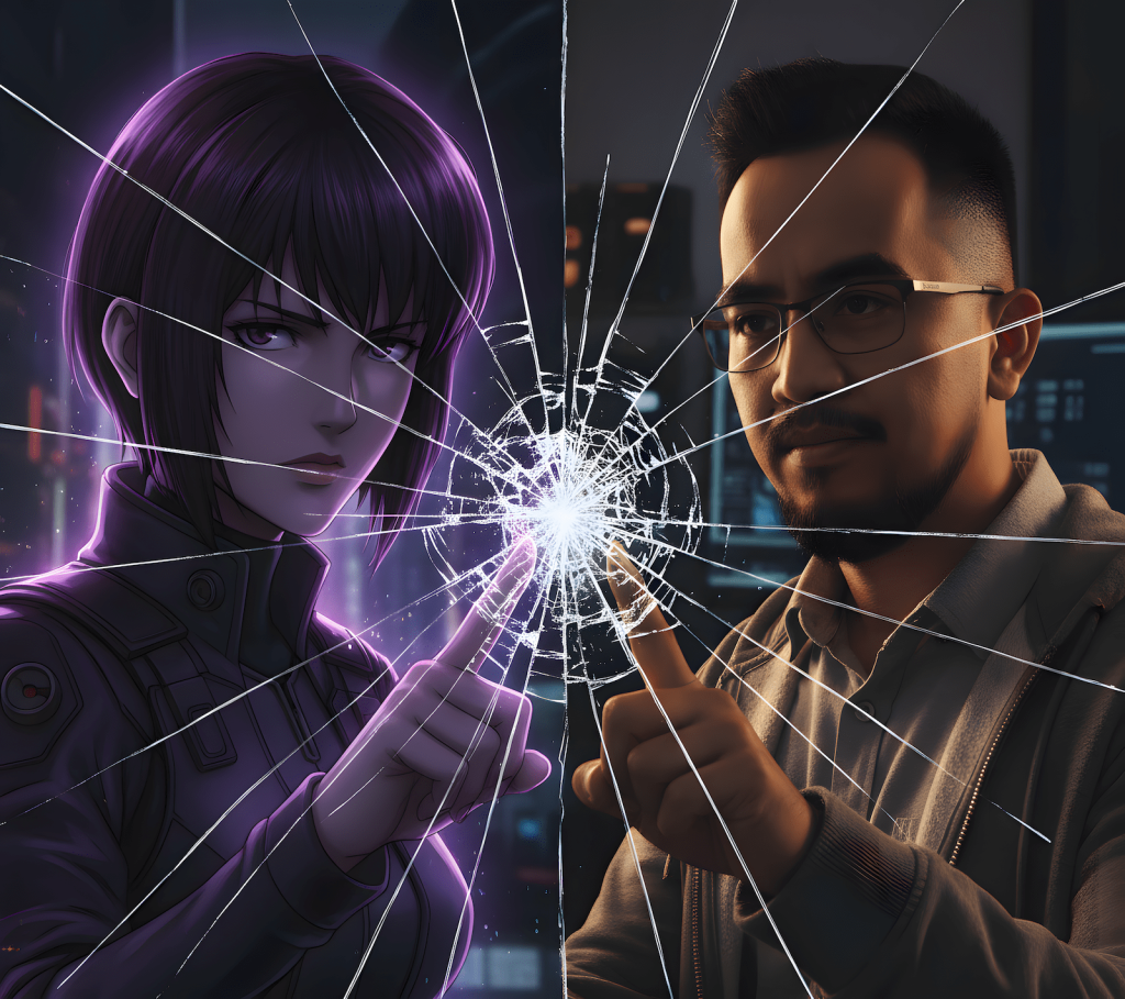 Fiction reaching toward reality, reality reaching back, with only a cracking barrier between them. Represents how we're building the world Ghost in the Shell imagined.