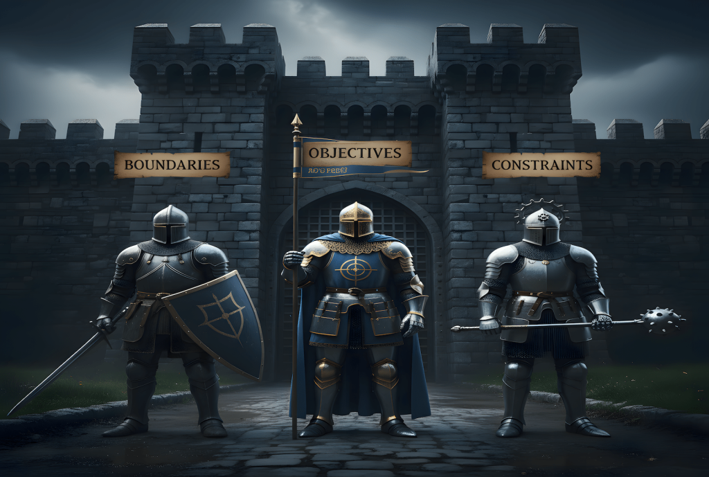Three medieval knights named Boundaries, Objectives, and Constraints standing as gatekeepers in front of fortress gates, representing the three control levers for improving chatbot output quality