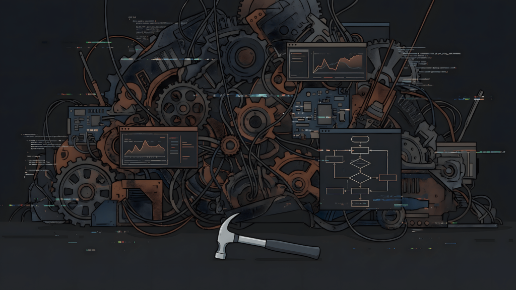 Illustration showing a simple tool buried under an overcomplicated AI system, representing how AI overengineering breaks simple tasks.