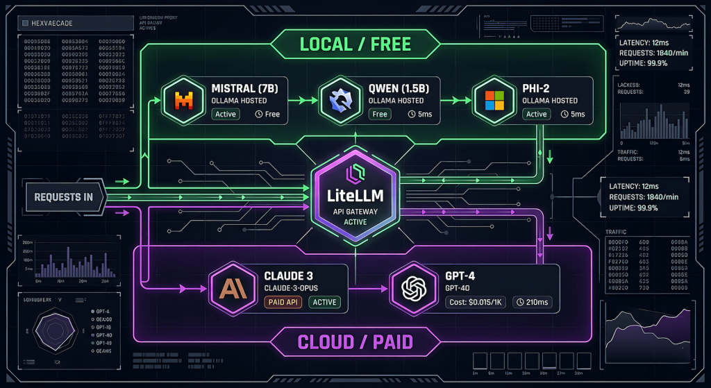 Diagram showing LiteLLM routing AI tasks between free local Ollama models and paid cloud models like Claude and GPT on Windows