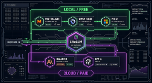 Diagram showing LiteLLM routing AI tasks between free local Ollama models and paid cloud models like Claude and GPT on Windows