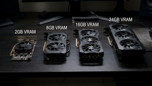Four GPU cards arranged by VRAM tier showing local AI model compatibility from GTX 1660 to RTX 3090