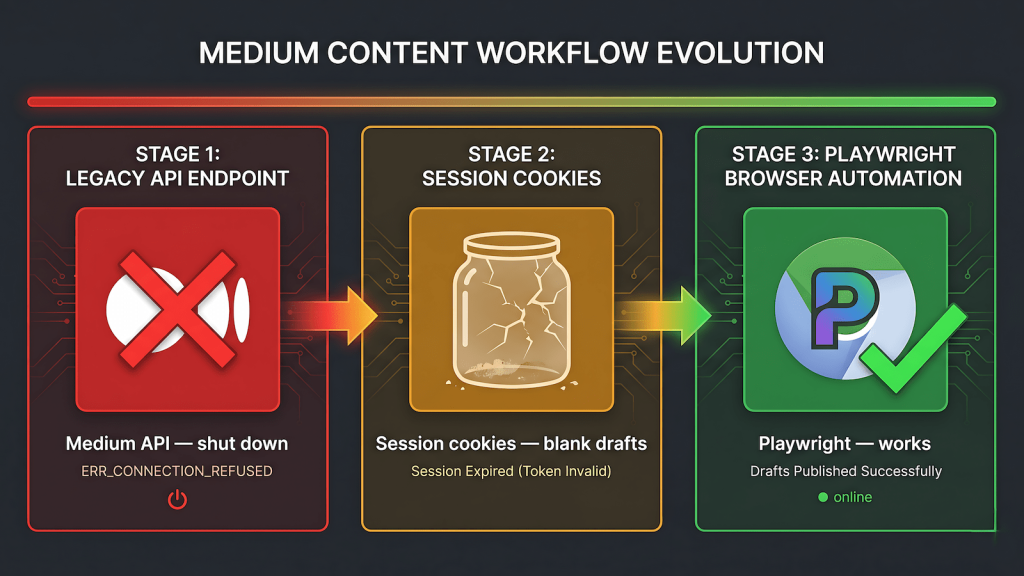 Medium API alternative automation comparison shut down API, failed cookie session approach, and working Playwright browser automation