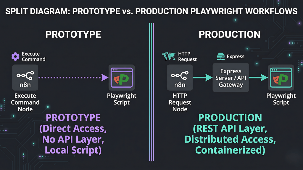 n8n Playwright automation architecture diagram comparing Execute Command approach versus persistent Express server approach