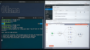 n8n workflow canvas connected to local Ollama inference with WordPress drafts in background.
