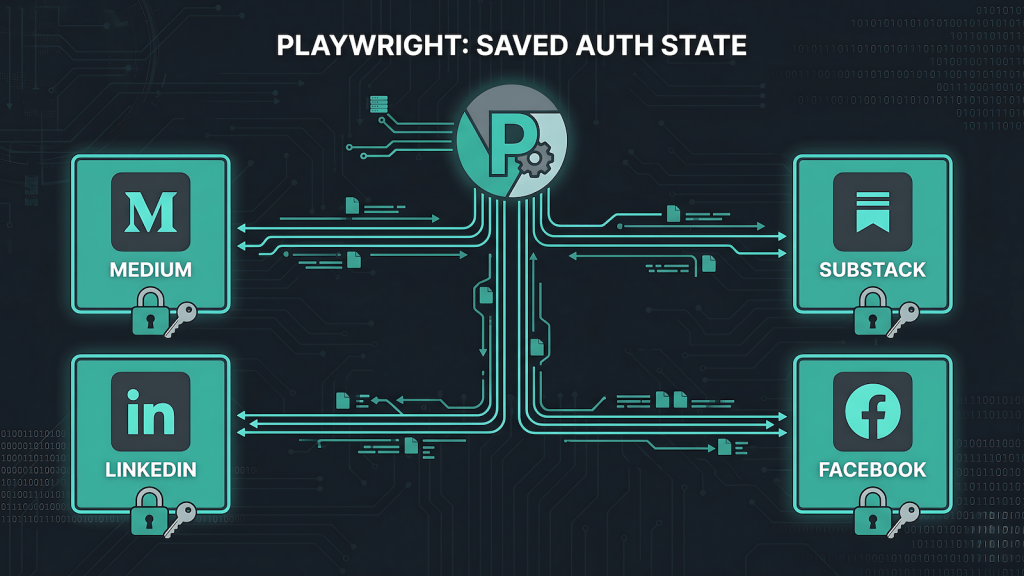 Playwright persistent browser session automation diagram showing saved auth contexts for Medium, Substack, LinkedIn, and Facebook