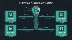Playwright persistent browser session automation diagram showing saved auth contexts for Medium, Substack, LinkedIn, and Facebook