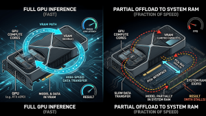 Diagram comparing full GPU inference speed versus partial CPU offload performance in local LLM inference on consumer hardware