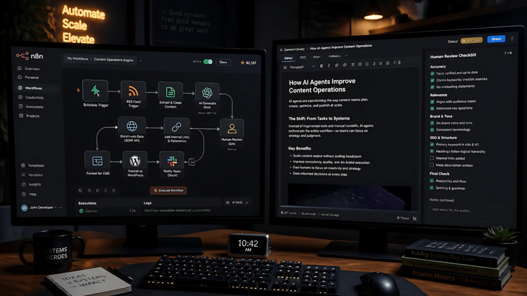 Content operator workstation showing n8n automation pipeline alongside editorial review process illustrating an AI content workflow that actually works