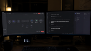 Solo operator workstation with n8n workflow and AI draft open, showing an AI workflow that actually works in practice