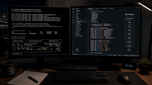 Developer workstation showing local AI inference stack and coding pipeline, illustrating building with AI as a developer in a real workflow
