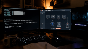 Consumer desktop workstation running Ollama local AI inference with n8n workflow visible, showing a real running AI locally production setup