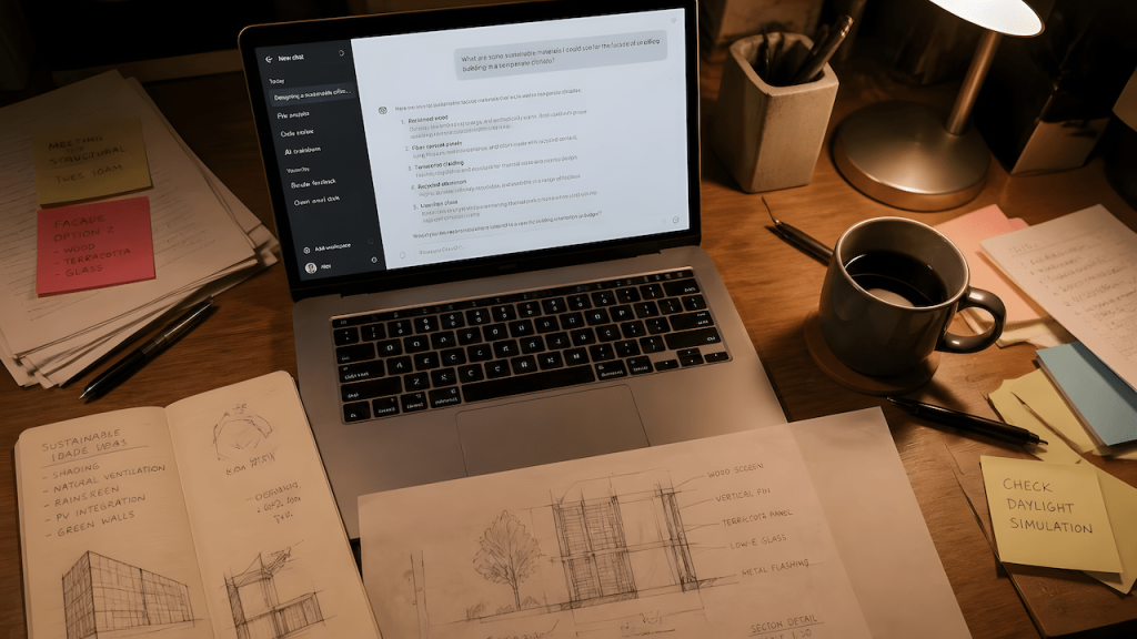 Desk with a laptop showing an overly detailed AI-generated planning document next to handwritten notes